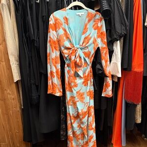 Tie-Front Floral Jumpsuit in Aqua and Orange